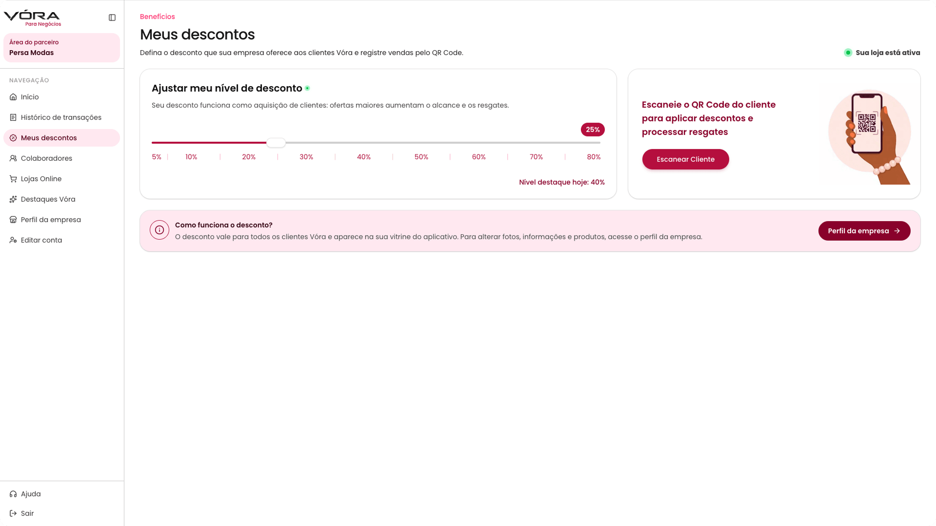 Tela de configuração dos descontos no Portal do Parceiro