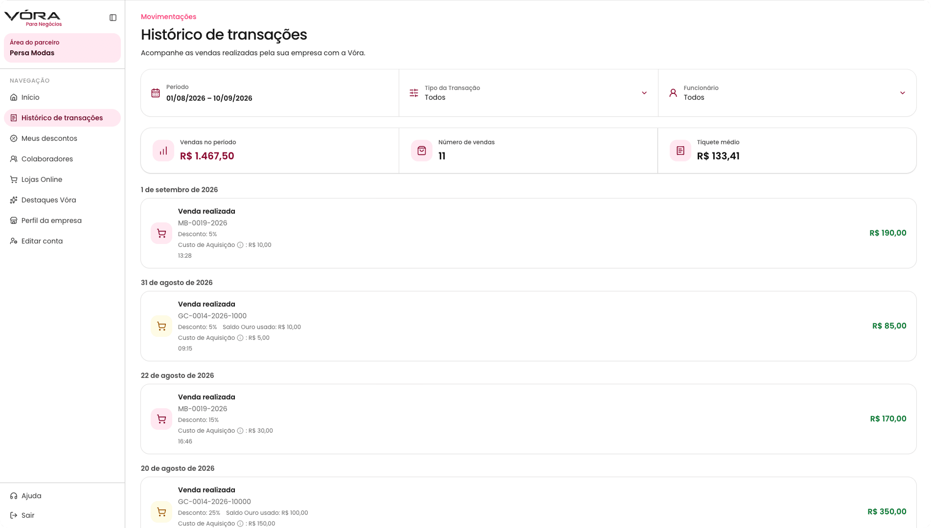 Histórico de transações no Portal do Parceiro
